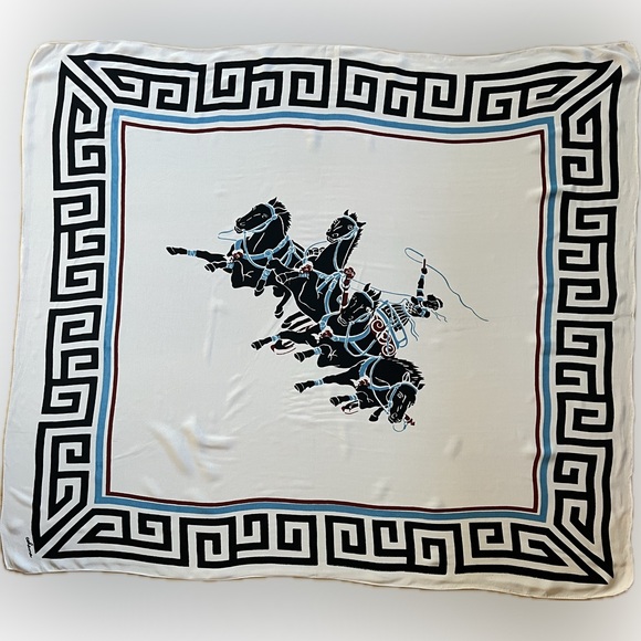 Vintage Chariot Scene Crepe Silk Scarf | Cohama | Charioteer Warrior | 33”x38.5” - Picture 9 of 17